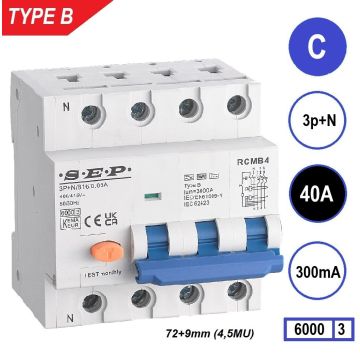 SEP RCMB Differentieelautomaat Type B, 3p+n C40 300mA 6kA (81mm)